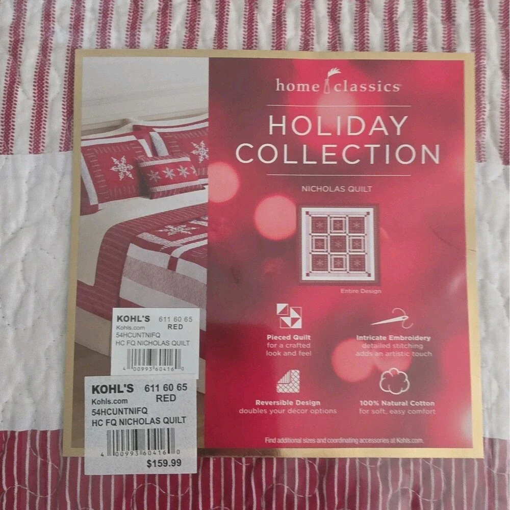 NIP Full/Queen Home Classics NICHOLAS Quilt Holiday Collection Red & white 90x95